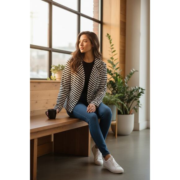 Erin London Black White Striped Moto Zip Jacket Medium - Picture 3 of 6